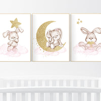 Nursery decor girl flower bunny, nursery wall art bunny, pink gold nursery decor, bunny print nursery girl, rabbit nursery, rabbit print