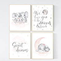 Nursery decor girl blush pink, blush grey, elephant nursery, nursery decor girl elephant, we love you to the moon and back, set of 4 prints