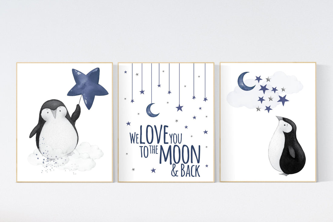 Navy nursery decor, penguin nursery, cloud and stars, navy blue nursery art. baby room wall art, boy nursery decor, nursery wall art penguin