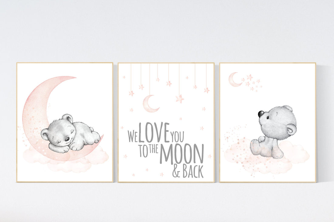 Nursery decor bear, we love you to the moon and back, peach nursery, bear nursery print, teddy bear, nursery wall art animals, girl nursery