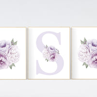 Nursery decor girl flower, floral nursery, lilac nursery, purple, peony flower, lavender nursery, girl nursery wall decor, set of 3 prints