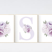 Nursery decor girl flower, floral nursery, lilac nursery, purple, peony flower, lavender nursery, girl nursery wall decor, set of 3 prints