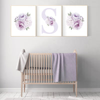 Nursery decor girl flower, floral nursery, lilac nursery, purple, peony flower, lavender nursery, girl nursery wall decor, set of 3 prints