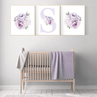 Nursery decor girl flower, floral nursery, lilac nursery, purple, peony flower, lavender nursery, girl nursery wall decor, set of 3 prints