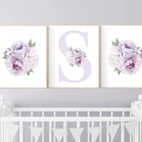 Nursery decor girl flower, floral nursery, lilac nursery, purple, peony flower, lavender nursery, girl nursery wall decor, set of 3 prints