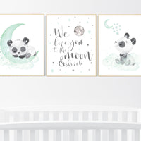 Panda nursery, mint nursery decor, gender neutral prints, mint nursery wall art, panda prints, animal nursery wall art, neutral nursery