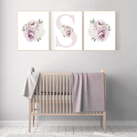 Nursery decor girl flower, floral nursery, peony nursery, burgundy, peony flower, girl nursery wall decor, set of 3 prints, initial art