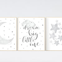 Nursery wall art gender neutral, gray nursery, grey nursery, nursery decor neutral, baby room decor, cloud and stars, dream big little one