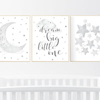 Nursery wall art gender neutral, gray nursery, grey nursery, nursery decor neutral, baby room decor, cloud and stars, dream big little one