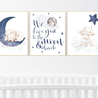 Sheep nursery decor, Nursery decor boy, nursery decor lambs, nursery wall art sheep, moon and cloud wall art nursery, navy nursery wall art
