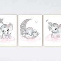 Girl nursery decor, pink and silver, elephant nursery prints, nursery wall art girl, baby girl elephant nursery decor, girl nursery wall art
