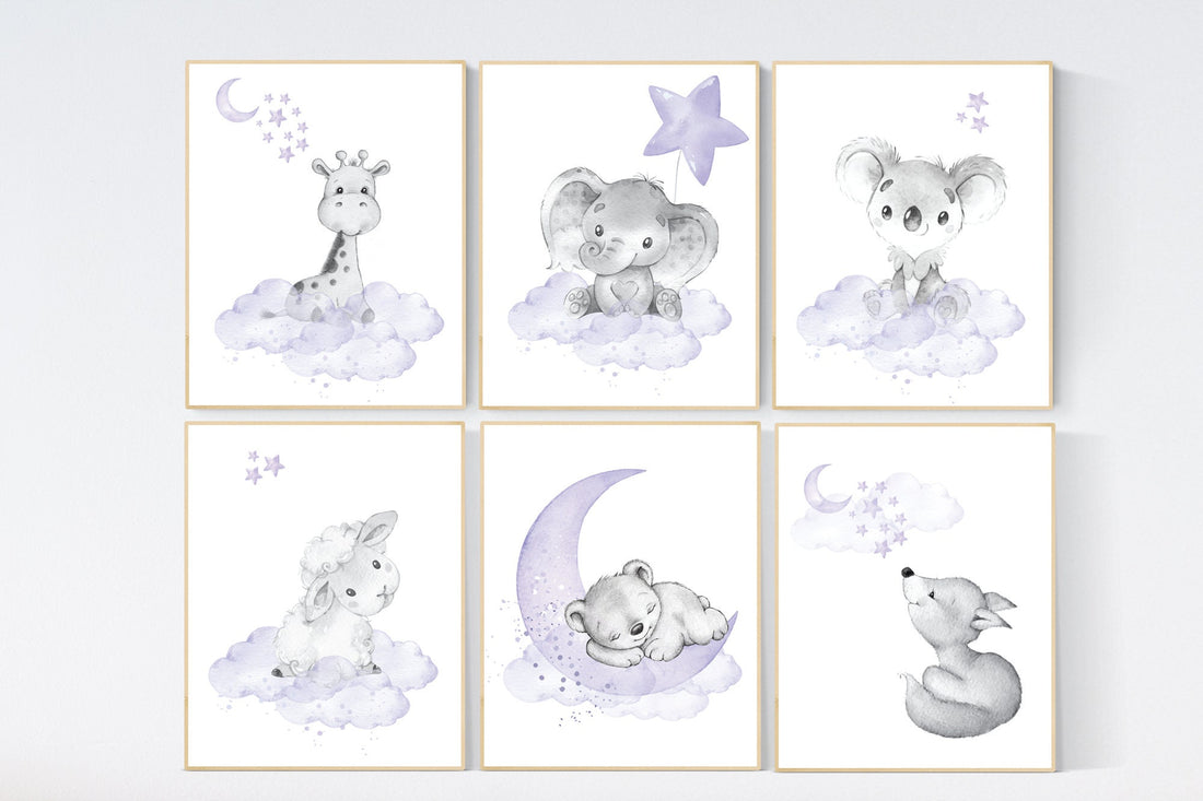 Nursery decor girl animals, purple nursery, lilac, elephant, bear, giraffe, fox, koala, animal nursery, lilac nursery, animal nursery prints