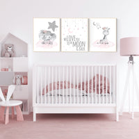 Animal nursery, nursery decor girl pink silver, nursery decor girl woodland animals, teddy bear, elephant, giraffe, baby girl nursery prints