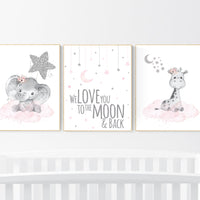 Animal nursery, nursery decor girl pink silver, nursery decor girl woodland animals, teddy bear, elephant, giraffe, baby girl nursery prints