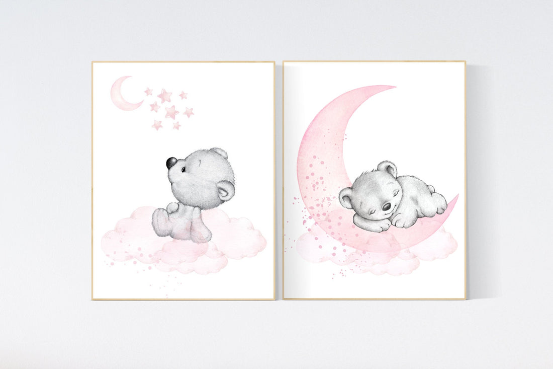 Nursery decor bear, bear nursery print, teddy bear, pink grey nursery, nursery wall art animals, girl room decor, baby girl nursery decor