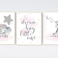 Animal nursery, nursery decor girl pink silver, nursery decor girl woodland animals, teddy bear, elephant, giraffe, baby girl nursery prints