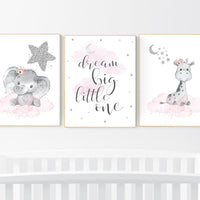 Animal nursery, nursery decor girl pink silver, nursery decor girl woodland animals, teddy bear, elephant, giraffe, baby girl nursery prints