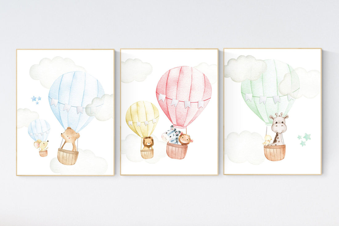 Nursery decor animals, hot air balloon, gender neutral, nursery decor, animal nursery, neutral, unisex, elephant giraffe, bear, nursery art
