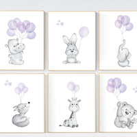 Nursery prints animals with balloons, animal balloon print, nursery decor girl, elephant, bunny, giraffe, nursery wall art girl, purple