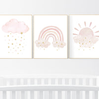 Nursery prints rainbow, blush Nursery decor girl, blush gold nursery wall art, blush pink, moon star, cloud, nursery wall art, sun nursery