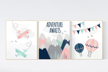 Adventure nursery decor, mountain art print set, pink navy mint wall art, airplane, world map, adventure awaits hot air balloon, nursery