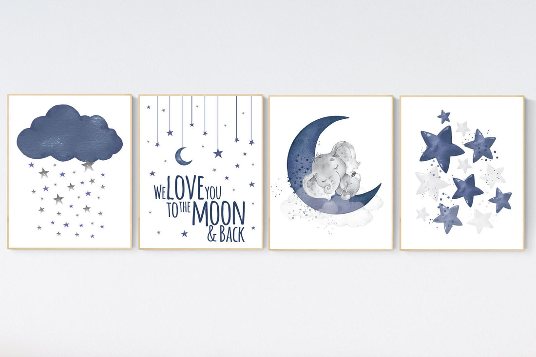 Nursery decor boy elephant, navy nursery decor, we love you to the moon and back, moon and stars, navy blue nursery art, elephant nursery