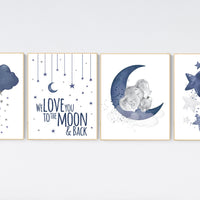 Nursery decor boy elephant, navy nursery decor, we love you to the moon and back, moon and stars, navy blue nursery art, elephant nursery