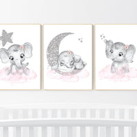 Girl nursery decor, pink and silver, elephant nursery prints, nursery wall art girl, baby girl elephant nursery decor, girl nursery wall art