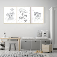 Grey nursery wall art, elephant nursery wall art, gender neutral, gray nursery art, nursery wall decor, moon, stars, neutral, twin nursery