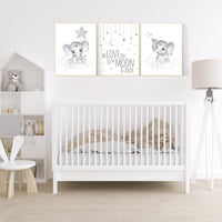 Grey nursery wall art, elephant nursery wall art, gender neutral, gray nursery art, nursery wall decor, moon, stars, neutral, twin nursery