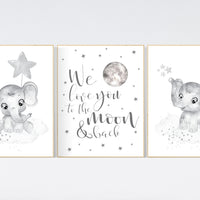 Gender neutral nursery, Grey nursery wall art, elephant nursery wall art, gray nursery art, nursery wall decor, moon, stars, neutral