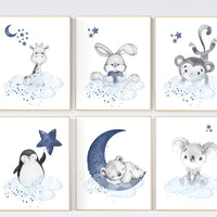 Nursery decor boy animals, nursery wall art boy, navy blue, animal prints for nursery, navy blue nursery wall decor, set of 6 prints