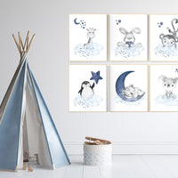 Nursery decor boy animals, nursery wall art boy, navy blue, animal prints for nursery, navy blue nursery wall decor, set of 6 prints