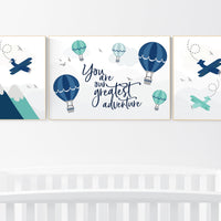 Nursery decor boy mountains, nursery decor boy airplane, world map, adventure awaits, navy green, adventure nursery prints, hot air balloon