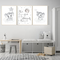 Gender neutral nursery, Grey nursery wall art, elephant nursery wall art, gray nursery art, nursery wall decor, moon, stars, neutral
