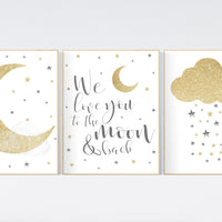 Nursery wall art grey, gray gold nursery, nursery decor neutral, baby room decor gender neutral, moon and stars, grey gold, baby room art