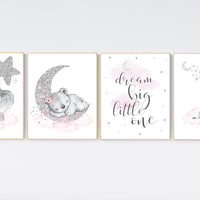 Animal prints for nursery, Nursery wall art set, pink and silver, Nursery decor girl elephant, animal nursery, bear, giraffe, animal nursery