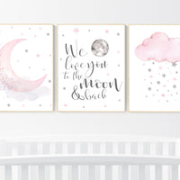 Nursery wall art girl, pink and silver nursery, cloud, stars, pink nursery art, cloud and stars, baby room decor for girls, elephant nursery