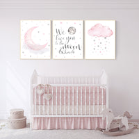 Nursery wall art girl, pink and silver nursery, cloud, stars, pink nursery art, cloud and stars, baby room decor for girls, elephant nursery