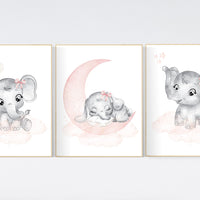 Nursery wall art girl elephant, blush pink and grey, nursery decor girl, blush pink, moon, stars, nursery prints, baby girl nursery, animals