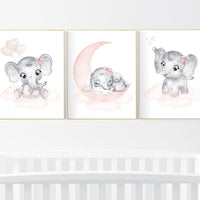Nursery wall art girl elephant, blush pink and grey, nursery decor girl, blush pink, moon, stars, nursery prints, baby girl nursery, animals