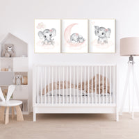 Nursery wall art girl elephant, blush pink and grey, nursery decor girl, blush pink, moon, stars, nursery prints, baby girl nursery, animals