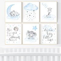 Nursery decor boy bear, giraffe, elephant, animal prints, Animal nursery wall art, bear decor for nursery, blue grey elephant, boys nursery