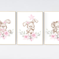 Nursery wall art bunny, pink nursery decor, Nursery decor girl flower bunny, bunny print nursery girl, rabbit nursery, rabbit print nursery