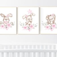 Nursery wall art bunny, pink nursery decor, Nursery decor girl flower bunny, bunny print nursery girl, rabbit nursery, rabbit print nursery