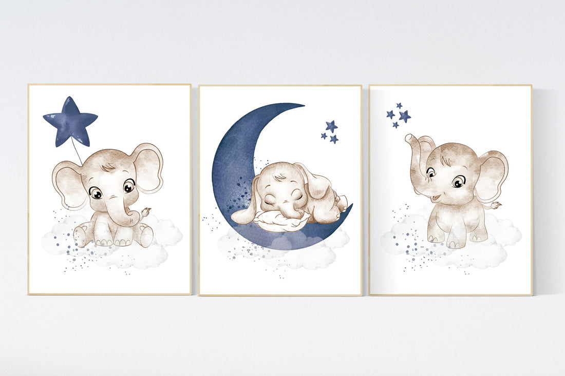 Navy nursery decor, moon and stars, navy blue nursery art. baby room wall art, boy nursery decor, set of 3, nursery prints boy, elephant art