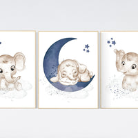Navy nursery decor, moon and stars, navy blue nursery art. baby room wall art, boy nursery decor, set of 3, nursery prints boy, elephant art