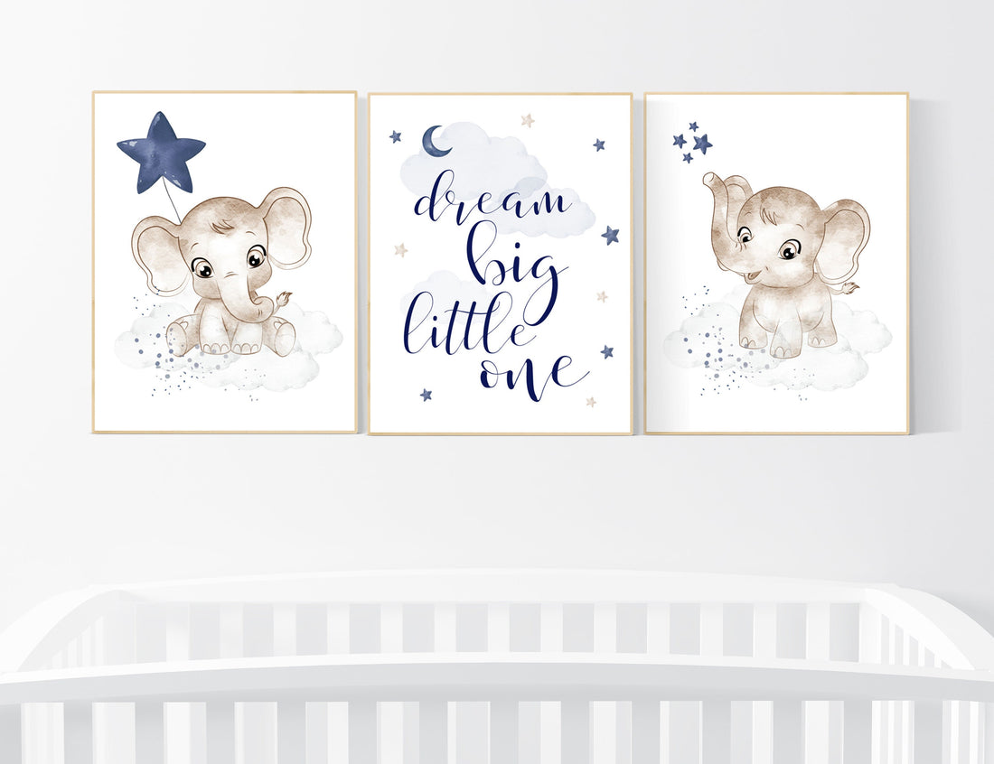 Navy nursery decor, moon and stars, navy blue nursery art. baby room wall art, boy nursery decor, set of 3, nursery prints boy, elephant art