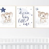 Navy nursery decor, moon and stars, navy blue nursery art. baby room wall art, boy nursery decor, set of 3, nursery prints boy, elephant art