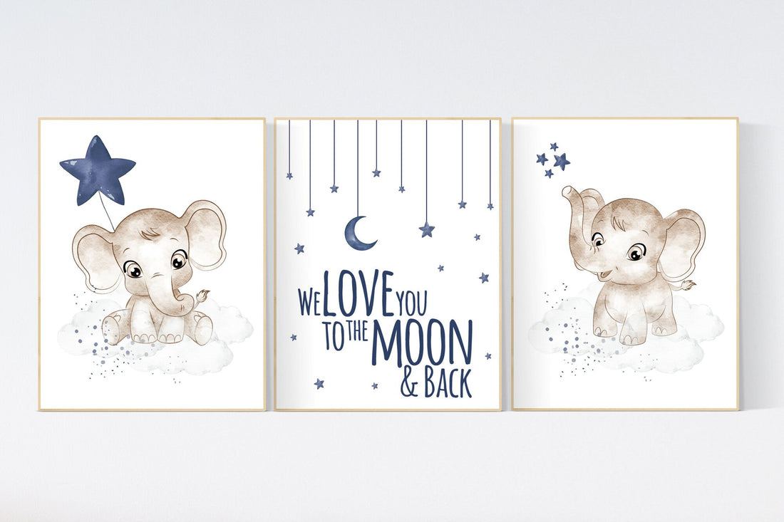 Navy nursery decor, moon and stars, navy blue nursery art. baby room wall art, boy nursery decor, set of 3, nursery prints boy, elephant art